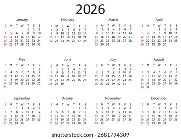 Diseño De Calendario De Año 2026 Simple Que Muestra Las Fechas Mensuales.