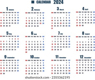 Simple year calendar starting on Sunday in 2024