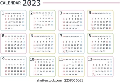 Simple yearly calendar for 2023