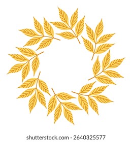 Simple yellow ash branch circle frame. Cute wreath border of autumn leaves. Hello fall. Vector seasonal illustration. Template for poster, postcard.