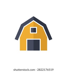 Simple yellow barn structure against white background. This flat graphic symbolizes agriculture rural life or country living. Ideal for web design or print.