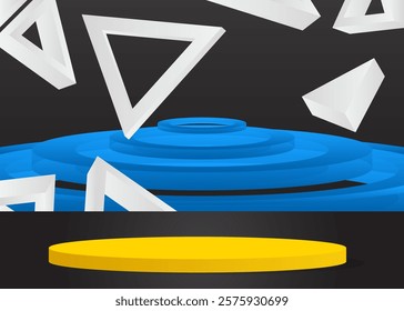 Simple Yellow, Blue, White and Black abstract product display. Realistic vector 3D room, cylinder pedestal podium. Stage showcase for presentation. Futuristic Sci-fi minimal geometric forms, empty sce