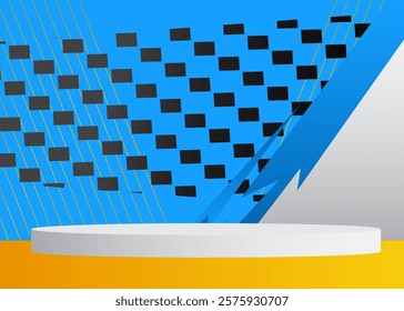 Simple Yellow, Blue, White and Black abstract product display. Realistic vector 3D room, cylinder pedestal podium. Stage showcase for presentation. Futuristic Sci-fi minimal geometric forms, empty sce