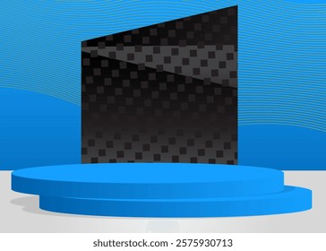 Simple Yellow, Blue, White and Black abstract product display. Realistic vector 3D room, cylinder pedestal podium. Stage showcase for presentation. Futuristic Sci-fi minimal geometric forms, empty sce