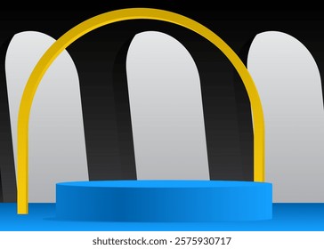 Simple Yellow, Blue, White and Black abstract product display. Realistic vector 3D room, cylinder pedestal podium. Stage showcase for presentation. Futuristic Sci-fi minimal geometric forms, empty sce