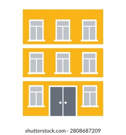 A simple yellow building with multiple windows and a gray door, illustration