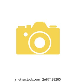 Câmera amarela simples com uma lente em um pano de fundo transparente, projetada em um estilo plano, é ideal para fotografia ou projetos relacionados à mídia.