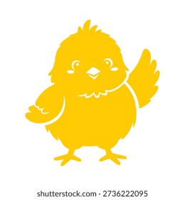 A simple yellow cartoon chicken with minimal details and a cute expression, standing on two legs.