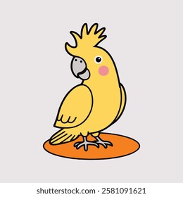 A simple, yellow cartoon cockatoo with a tuft on its head, a pink cheek spot, and a grey beak stands on an orange oval against a light grey background.