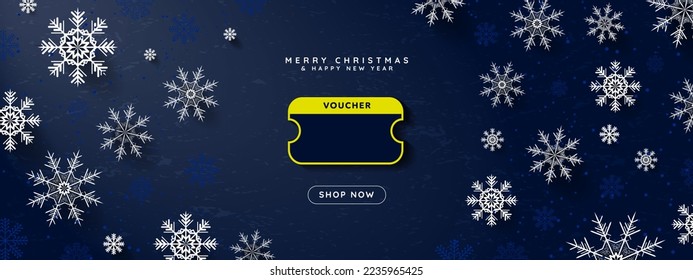 Simple Yellow y Dark Blue en línea Navidad Voucher elementos decorativos de Navidad y Shop Now CTA Button.  Plantilla de cupón de Navidad con espacio de copia. Ilustración de vectores editable. EPS 10.