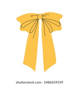 Lazo festivo decorativo amarillo simple hecho de las cintas para el presente, para la decoración del pelo aislado en un fondo transparente. Para envolver regalos para cumpleaños, Navidades, Año Nuevo. Vector plano EPS10