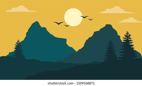 Simple yellow evening landscape with dark green background 