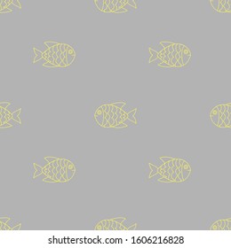 Simple yellow fish contours on grey background. Seamless pattern. Vector graphics.