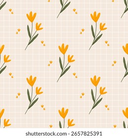 Patrón inconsútil floral amarillo simple con el fondo de la rejilla