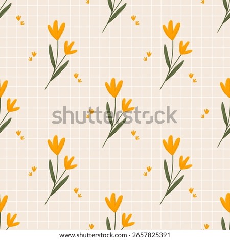 Simple Yellow Floral Seamless Pattern With Grid Background