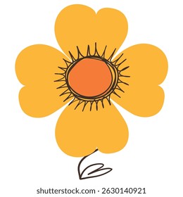 Simple Yellow Flower with Simple Brush Line Decorations. Colorful herb with cute line sketches of branches isolated on white background. Nature herb perfect for invitations, cards, posters, holidays
