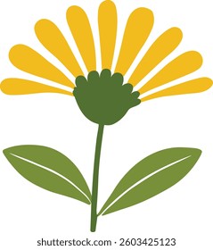 Simple yellow flower with green stem and leaves. Flat design perfect for spring themes.