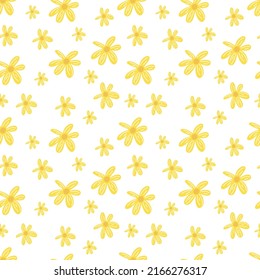 Simple yellow flowers, petals seamless, repeatable pattern, summer background. Repeated light background, soft textile texture. Bright abstract nature wallpaper.