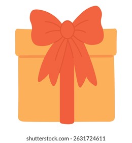 Simple yellow gift box with lid and large red bow, perfect for festive and cheerful designs.