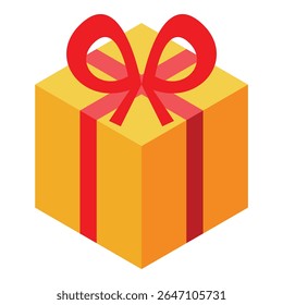 Simple yellow gift box wrapped with a red ribbon, presented in an isometric view, conveying a sense of celebration and anticipation