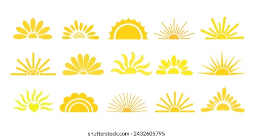 Simple yellow half sun hand drawn vector flat illustration with half-circle shape in middle, cute summer sunset, dawn image for logo, cards, decor, vacation concept, holiday, summertime kids design