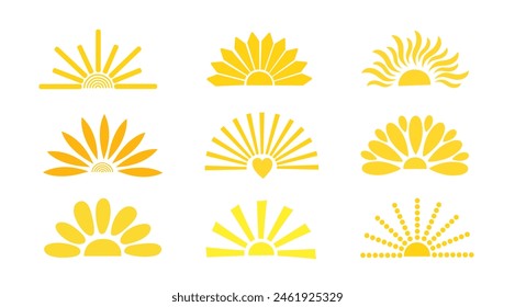 Ilustración plana de Vector dibujada a mano de medio sol amarillo simple con forma de medio círculo en el medio, atardecer de verano lindo, Imagen del amanecer para el logotipo, tarjetas, decoración, concepto de vacaciones, vacaciones, diseño de los niños del verano