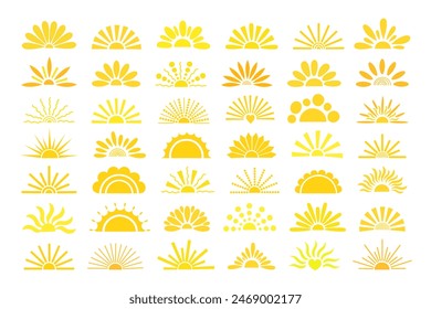 Simple yellow half sun hand drawn vector flat illustration with half-circle shape in middle, cute summer sunset, dawn image for logo, cards, decor, vacation concept, holiday, summertime kids design