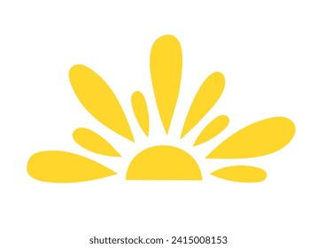 Simple amarillo medio sol dibujado a mano ilustración plana con forma de semicírculo en medio, lindo atardecer de verano, imagen del amanecer para el logo, tarjetas, decoración, concepto de vacaciones, vacaciones, diseño de niños en verano