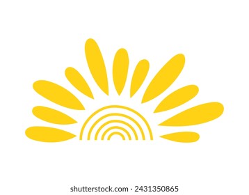 Simple yellow half sun handdrawn vector flat illustration with half-circle shape in middle, cute summer sunset, dawn image for logo, cards, decor, vacation concept, holiday, summertime kids design