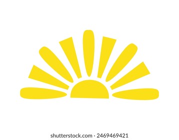 Simple yellow half sun handdrawn vector flat illustration with half-circle shape in middle, cute summer sunset, dawn image for logo, cards, decor, vacation concept, holiday, summertime kids design