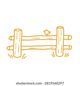 A simple yellow hand drawn illustration of a rustic wooden fence section featuring a small bird perched on top on a white background
