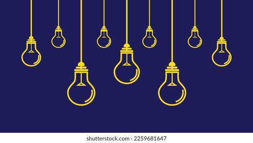 simple yellow hanging thin line light bulb. lineart style trend modern logotype graphic stroke art design isolated on blue background. vector illustration, icon, symbol