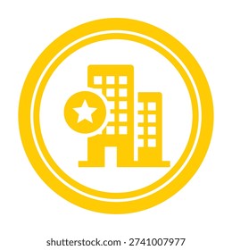 Simple yellow icon featuring buildings and star