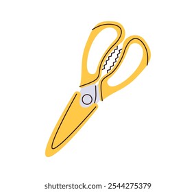 Simple yellow kitchen scissors in case isolated on white background. Concept of cooking utensil, tool. Hand drawing vector flat illustration