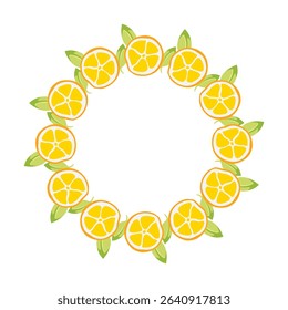 Simple yellow Lemon slice Wreath with green Leaves. Round Lemon frame. Slice of citrus and foliage. Decoration element for cards and seasonal decor, menu. Vector flat illustration.
