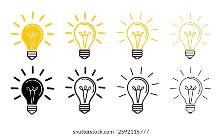 Simple Yellow Lightbulb Icons Representing Ideas Transparent PNG on Isolated White Background. Four stylized lightbulb icons, each with radiating lines suggesting a burst of ideas.