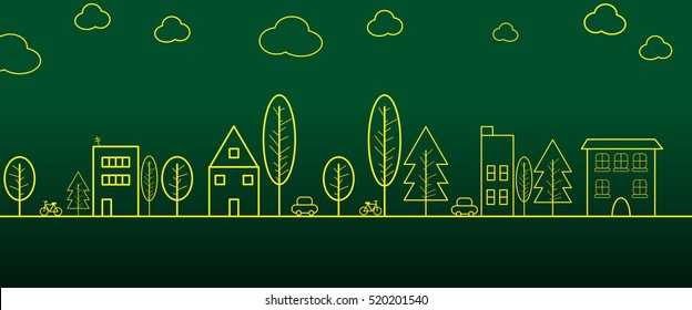 Simple Yellow line of town in panorama view with Dark green background