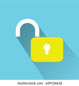 simple yellow lock open icon vector, flat design, unlock