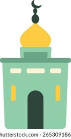 A simple yellow minaret illustration with a crescent moon, perfect for Ramadan, Eid, or Islamic design projects in digital and print.