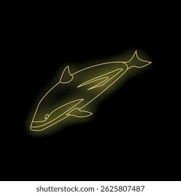 Simple yellow neon drawing of a dolphin swimming upwards on a black background