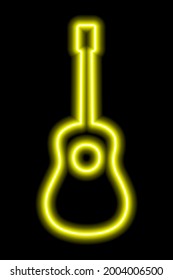 Simple yellow neon guitar silhouette on a black background. Vector illustration