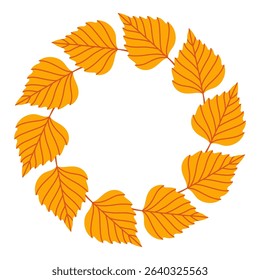 Simple yellow orange birch leaf circle frame. Cute wreath border of autumn leaves. Hello fall. Vector seasonal illustration. Template for poster, postcard.