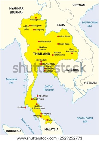 Simple yellow overview map of Thailand