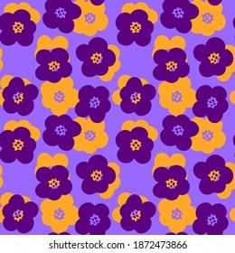 Simple yellow and purple flowers on a violet background. Round petals. Seamless vector pattern. For textiles, fabrics, fashion, children's goods, packaging.