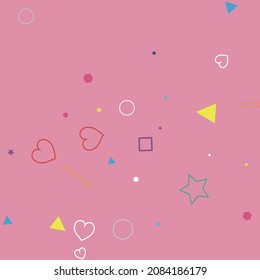 Simple Yellow Red Wave Hearts Pastel Sweet Geometry Illustration. Pink Zigzag Circle Purple Polygonal Violet Square Design Pic. Rectangle Blue Green Bright Orange Colorful Oval Hipster Background.