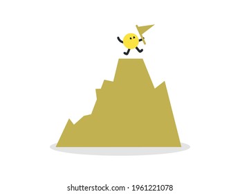 Simple Yellow Round Character Happy on Top of the Mountain Captured the Flag