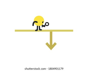 Simple Yellow Round Character Looking at Arrow Going Down