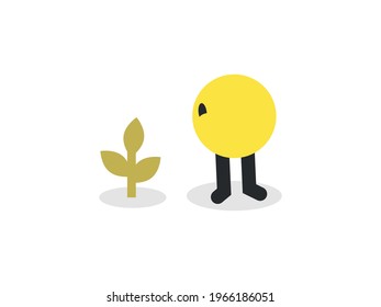 Sencillo personaje redondo amarillo mirando a una planta en crecimiento
