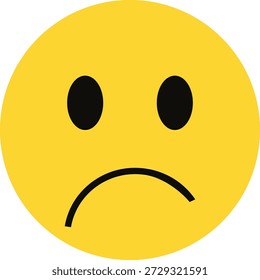 Um emoji de rosto triste amarelo simples com olhos negros e boca virada para baixo isolado no fundo transparente