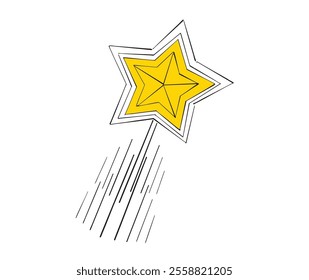 Simple yellow shooting star flying fast leaving a black trail on a white background